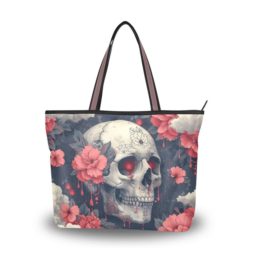 9198 Sugar Skull Flower Sylish Retro Tote Bag Handbag Large Capacity